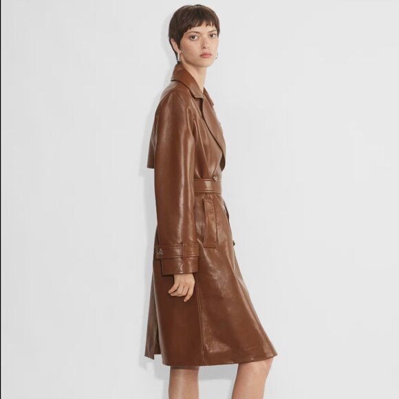 NEW Aritzia Babaton New Tabloid Vegan Leather Trench Coat in Cognac Brown - Picture 3 of 10